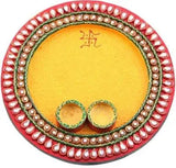 गैलरी व्यूवर में इमेज लोड करें, JaipurCrafts Decorative Kundan Studded Round Wooden, Ceramic Pooja &amp; Thali Set (3 Pieces, Multicolor)