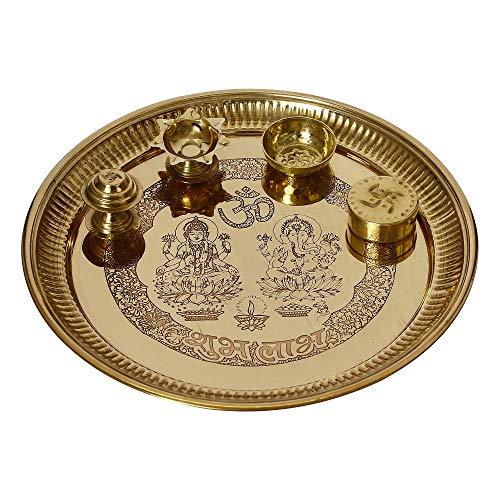 Webelkart Laser Work Laxmi Ganesha Puja Thali Set (Brass)- for Diwali