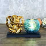 गैलरी व्यूवर में इमेज लोड करें, JaipurCrafts Aluminum Golden Lord Ganesha Idol for Gift with Tealight Holder and Wood Tray- 11 cm