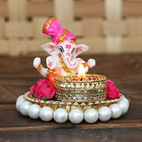 गैलरी व्यूवर में इमेज लोड करें, JaipurCrafts Lord Ganesha Idol on Decorative Handcrafted Plate for Home and Car Decorative Showpiece - 8 cm (Polyresin, Pink, White)