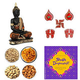 Load image into Gallery viewer, Webelkart Premium Diwali Gift Combo of Orange Gautam Buddha Showpiece, Swastika, Laxmi Charan, Shubh Labh and 200 Grams Dry Fruits