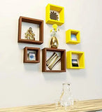 गैलरी व्यूवर में इमेज लोड करें, JaipurCrafts Wooden Square Shape Wall Shelve Set for Living Room Decor(Yellow and Brown, 6)
