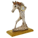 गैलरी व्यूवर में इमेज लोड करें, JaipurCrafts Handcrafted Horse showpiece Garden Statue Outdoor Collectibles Figurines showpiece Statue Items for Living Room Drawing Room Bed Room Hall Outdoor Decor- Antique with Table Clock (9 in)