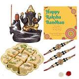 गैलरी व्यूवर में इमेज लोड करें, Webelkart Bhaiya Bhabhi Rakhi Set with Sweet Gift - Premium Lumba Rakhi with Lord Ganesha Idol, 450 Grams Soan Papdi Sweet Gift Pack and Roli Chawal
