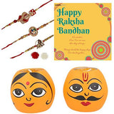 गैलरी व्यूवर में इमेज लोड करें, Webelkart Premium Combo of Rakhi Gift for Brother and Bhabhi and Kids with Rajasthani King and Queen T Light Holder Rakshabandhan Gifts for Bhai Sister - Fancy Rakhi with Tealight Holder