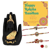 गैलरी व्यूवर में इमेज लोड करें, Webelkart Resin Rakhi With Palm Buddha Showpiece, Medium, Multicolour, 3 Rakhi, 1 Packet Roli Chawal, 1 Best Wishes Card, 1 Premium Showpiece