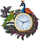 गैलरी व्यूवर में इमेज लोड करें, JaipurCrafts Designer Kundan Studded and Meenakari Beautiful Wooden Peacock Emboss Painting Wall Clock| Clock for Home | Wall Clock for Kitchen | Rajasthani Wall Clock