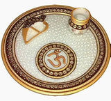Load image into Gallery viewer, JaipurCrafts Om and Diya Pooja Thali (9 in,Red,Golden)