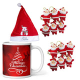 Load image into Gallery viewer, Webelkart Merry Christmas Greetings Coffee Mug with 1 Santa Cap and 12 Pcs Christmas Santa Clause Ornament Hangings for Christmas Decorations (350ml)