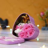 Load image into Gallery viewer, Webelkart® Premium Valentine Heart Shape Box with 3 Pink Roses, 1 Teddy and 1 Artificial Gold Rose and Heart Shape Box with 3 Pink Roses, 1 Teddy and 1 Artificial Gold Rose