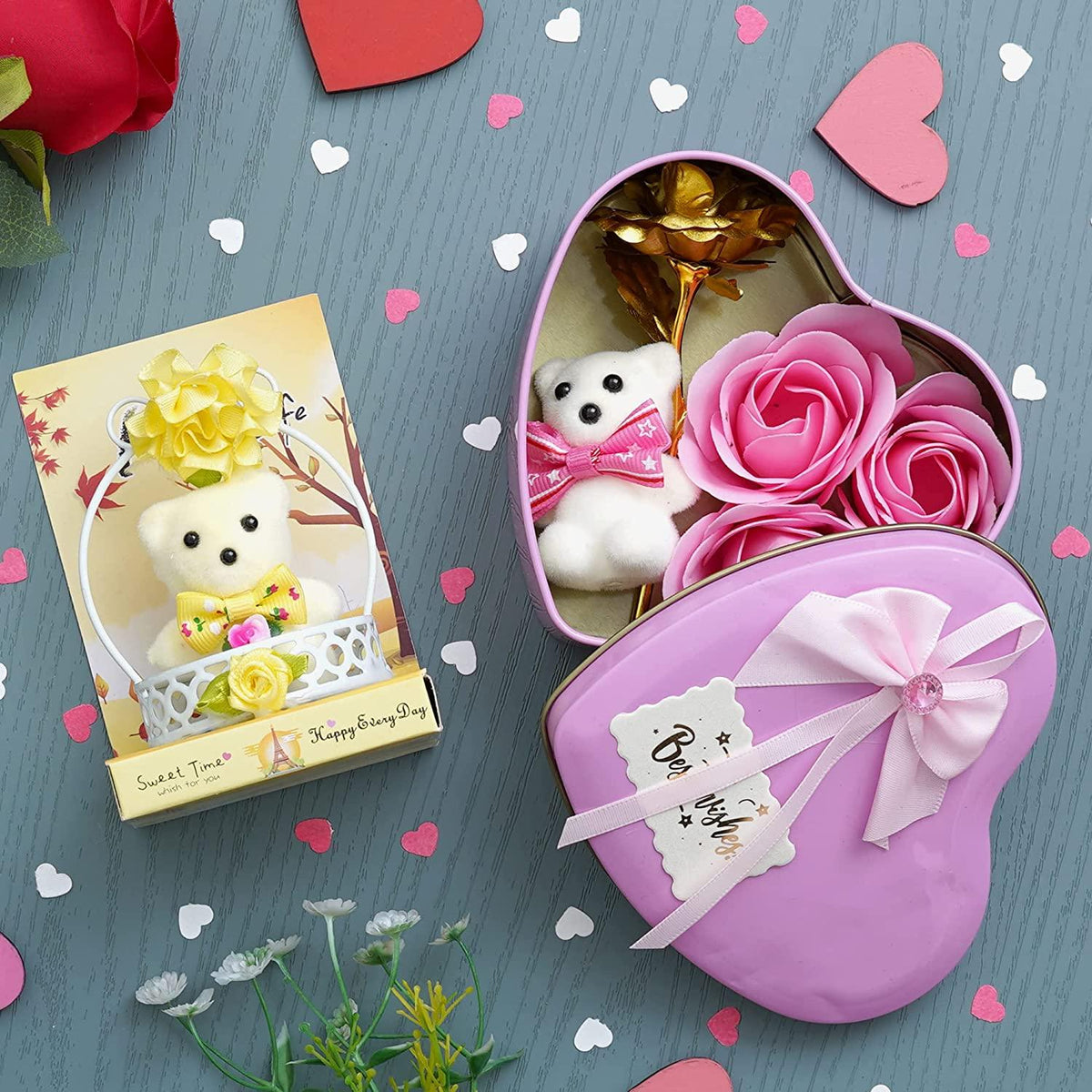 Webelkart®Premium Valentine Heart Shape Box with 3 Pink Roses,1Teddy ...