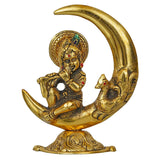 Load image into Gallery viewer, Webelkart Premium Handicrafted Gold Plated Metal Lord Krishna Sitting On Moon Playing Bansuri Idol for Home and Puja (6 Inches, Gold)