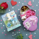गैलरी व्यूवर में इमेज लोड करें, Webelkart®Premium Valentine Heart Shape Box with 3 Pink Roses,1Teddy and 1 Artificial Gold Rose and White Plastic Cycle with Teddy Bear and Rose Petals Gift Box (Sky Blue) for Valentine&#39;s Gift