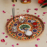Load image into Gallery viewer, JaipurCraftsPremium Meenakari Pooja thali Set with Pooja Incense Holder, Diya and Roli Kumkum Katori and Dabbi (Steel. 11 Inches)