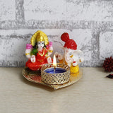 Load image into Gallery viewer, Webelkart Premium Laxmi Ganesha Idol on Decorative Handcrafted Tealight Holder for Home Decorative Showpiece - 3 Inch (Poly-Resin, Multi Color)