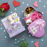 गैलरी व्यूवर में इमेज लोड करें, Webelkart® Premium Valentine Heart Shape Box with 3 Pink Roses, 1Teddy and1Artificial Gold Rose and White Plastic Cycle with Teddy Bear and Rose Petals Gift Box (Blue) Valentine&#39;s Gift Combo Set