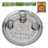 Load image into Gallery viewer, Premium Engraving Om Pooja thali Set with Pooja Incense Holder, Diya and Kumkum Katori (Stainless Steel, 11.5 Inches)