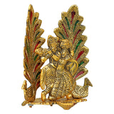 गैलरी व्यूवर में इमेज लोड करें, Webelkart Premium Metal Peacock Design Radha Krishna Idol Showpiece for Home Decor with Diya for Puja and Home Decor (6.6 Inches, Gold)