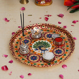 Load image into Gallery viewer, JaipurCrafts Premium Gold Meenakari Pooja thali Set with 3 Roli Chawal Katori | Pooja thali for Diwali Pooja| Diwali Pooja thali (Steel. 12 Inches)