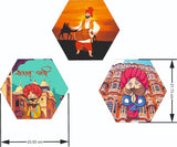 गैलरी व्यूवर में इमेज लोड करें, Webelkart Premium Engineered Wood UV Print Set Of 3 Hexagon Rajasthani Theme Painting For Wall Decor, Paintings For Wall Decor, Wooden Wall Sculptures For Home And Living Room Decor
